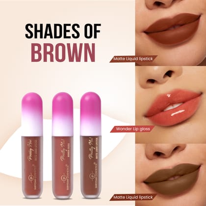 Shryoan Pretty Me! 2 Liquid Lipstick & 1 Lip Gloss | Transfer Proof & Highly Pigmented| Waterproof & Smudge-Proof | Pack of 3 | 6ml (Shades of BROWN) Shryoan Pretty Me! 2 Liquid Lipstick & 1 Lip Gloss | Transfer Proof & Highly Pigmented| Waterproof & Smudge-Proof | Pack of 3 | 6ml (Shades of BROWN)