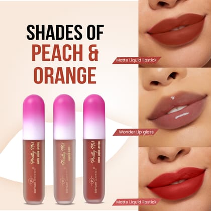 Shryoan Pretty Me! 2 Liquid Lipstick & 1 Lip Gloss | Transfer Proof & Highly Pigmented| Waterproof & Smudge-Proof | Pack of 3 | 6ml (Shades of PEACH & ORANGE) Shryoan Pretty Me! 2 Liquid Lipstick & 1 Lip Gloss | Transfer Proof & Highly Pigmented| Waterproof & Smudge-Proof | Pack of 3 | 6ml (Shades of PEACH & ORANGE)