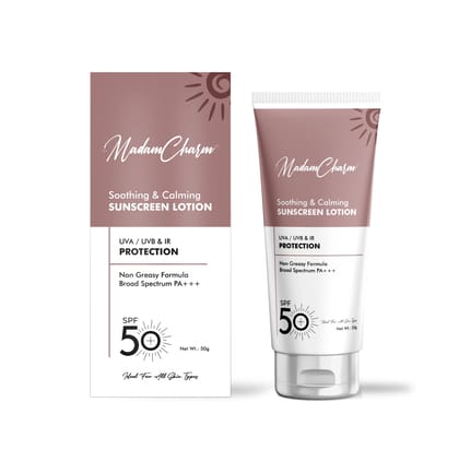 MadamCharm SPF 50 Sunscreen Lotion | PA+++ | UVA/UVB & IR Protection | Non Greasy Formula | For All Skin Types | 50g