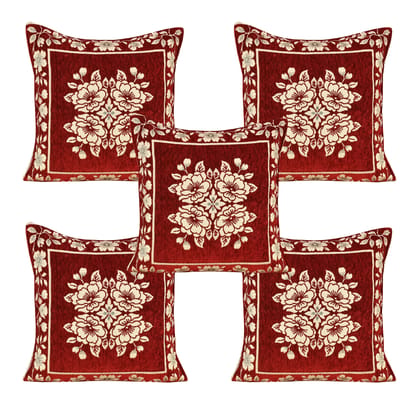 Chenille Velvet 5 Piece Cushion Cover Set for Sofa Living Room Plus Pillow case for Home & Office, Size 40 x 40 cm, Mehroon