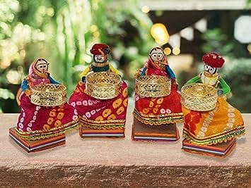 Srijan Enterprises  Rajasthani Raja Rani Puppet/Dolls Decorative Tealight Candle Holder (Standing Tealight, 2pis), Recycled Material