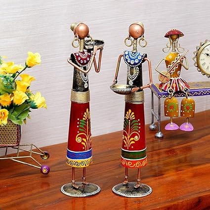 Srijan Enterprises Multicolour Rajasthani Narega Doll T-Light Candle Holder Showpiece for Home Decor | Table Decor | Gift