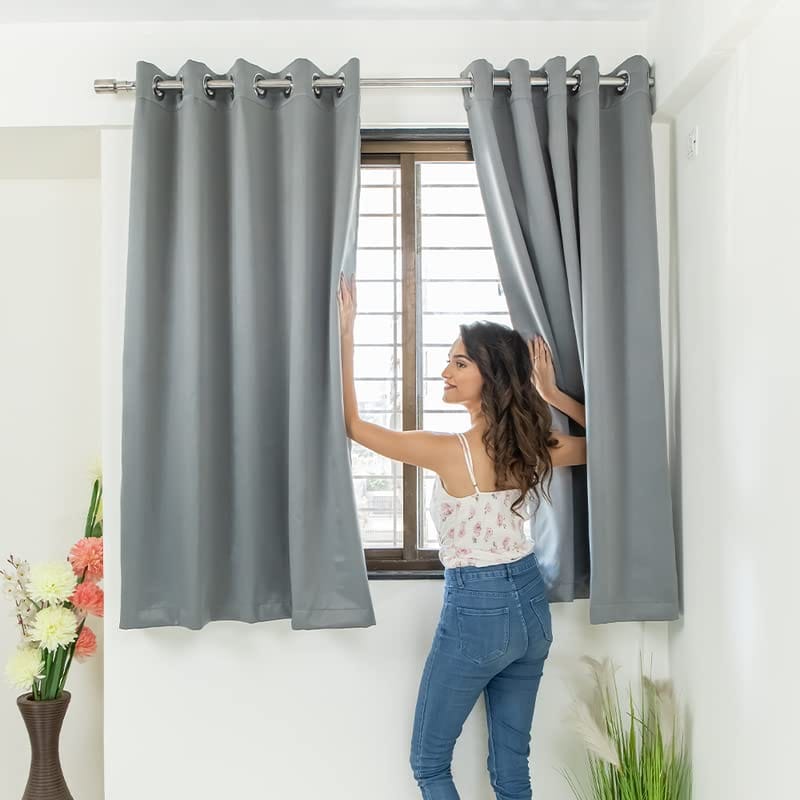 Livpure Smart Room Darkening Blackout 5 feet Solid Window Polyester Curtains with tieback(Dark Grey) Set of 2