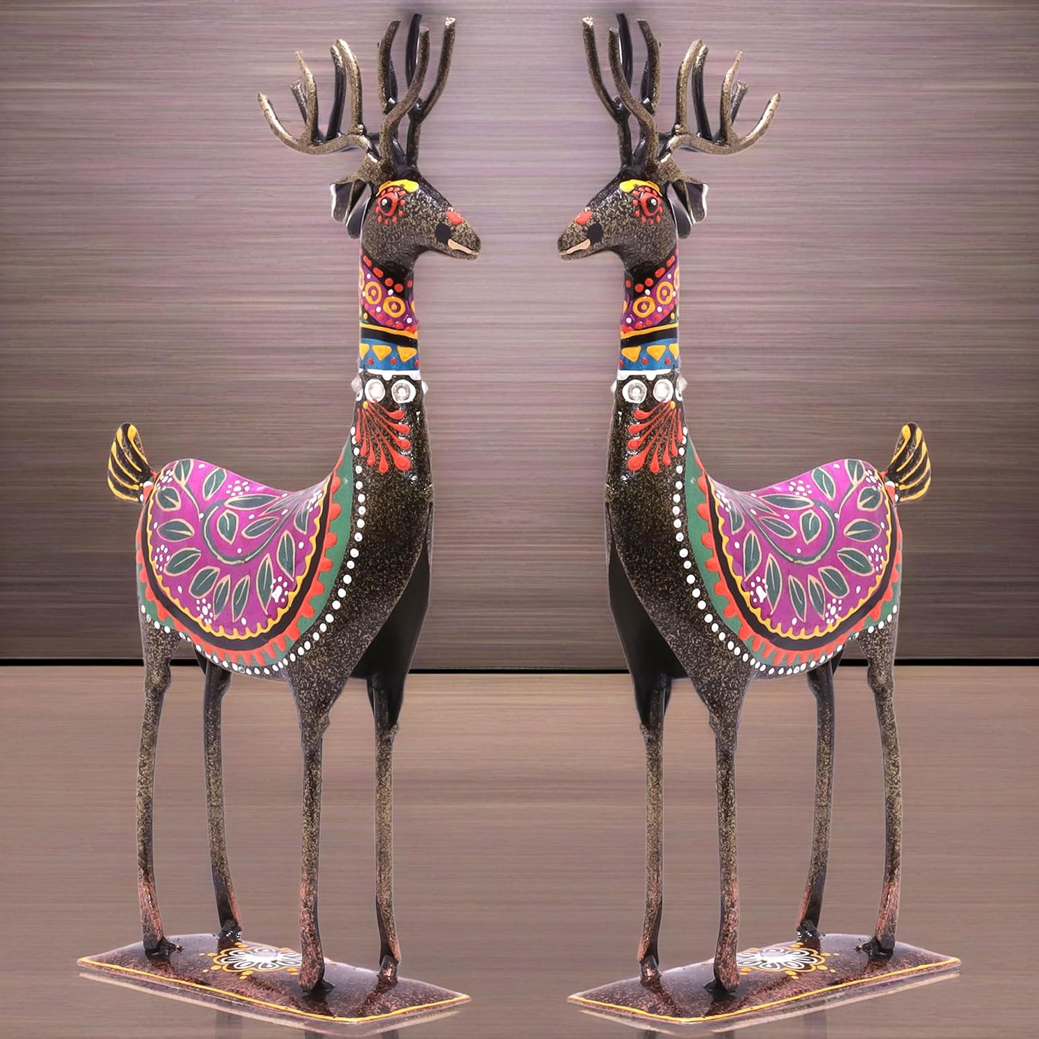 Meghwansh Handicrafts Handpainted Iron Deer Showpiece Set of 2 Vibrantly Coloured Tabletop Liiving Room Office Home Decor Gift Item