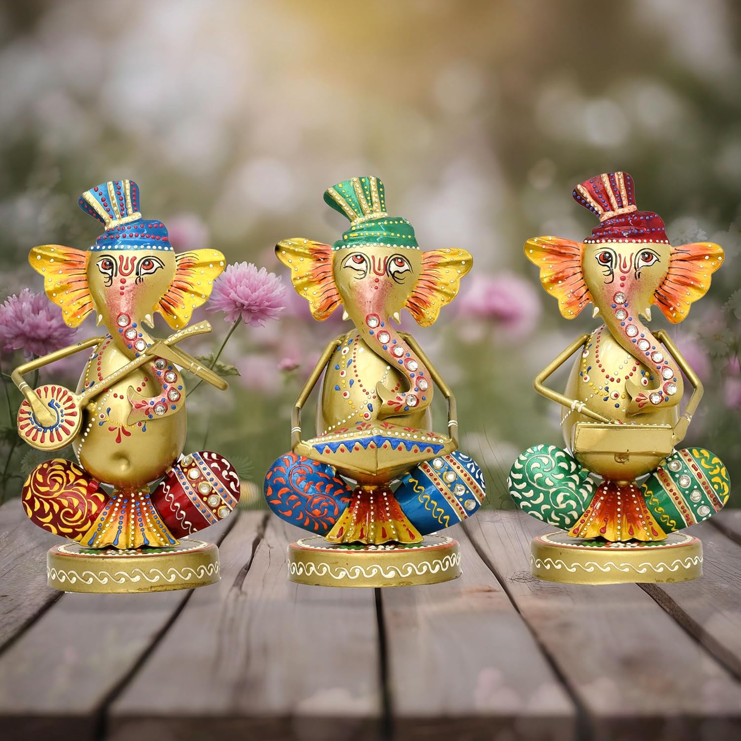 Meghwansh Handicrafts Ganesha Statues Set of 3 Hand Painted Wrought Iron Figurines for Home Decor, Living Room Decoration, Office, Shops and Gifts, Multicolour