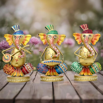 MEGHWANSH HENDICARFT - Musical Ganesha Statues Set of 3 Hand Painted Wrought Iron Figurines for Home Decor, Living Room Decoration, Office, Shops and Gifts, Multicolour MEGHWANSH HENDICARFT - Musical Ganesha Statues Set of 3 Hand Painted Wrought Iron Figurines for Home Decor, Living Room Decoration, Office, Shops and Gifts, Multicolour