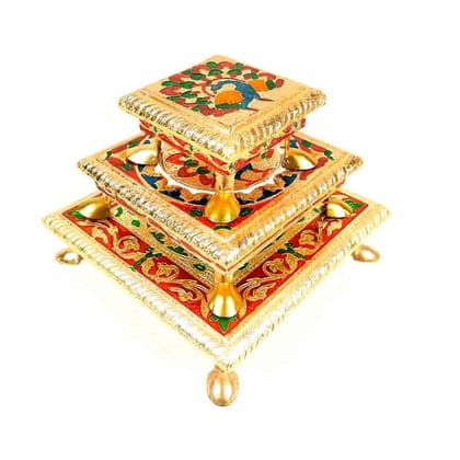 Shri Vankal Maa Art -Chowki Set of 3 for Pooja| Decorative Bajot| Pooja Stool - (4 Inch,6 Inch, 8 Inch|Multicolored) for Weddings/Pooja/Temple