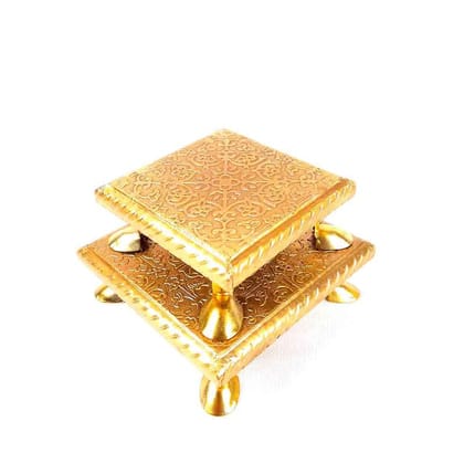 Shri Vankal Maa Art - Brass Chowki for Pooja| Decorative Bajot| Pooja Stool Set of 2 - (4 Inch & 5 Inch | Golden) for Pooja & Home décor