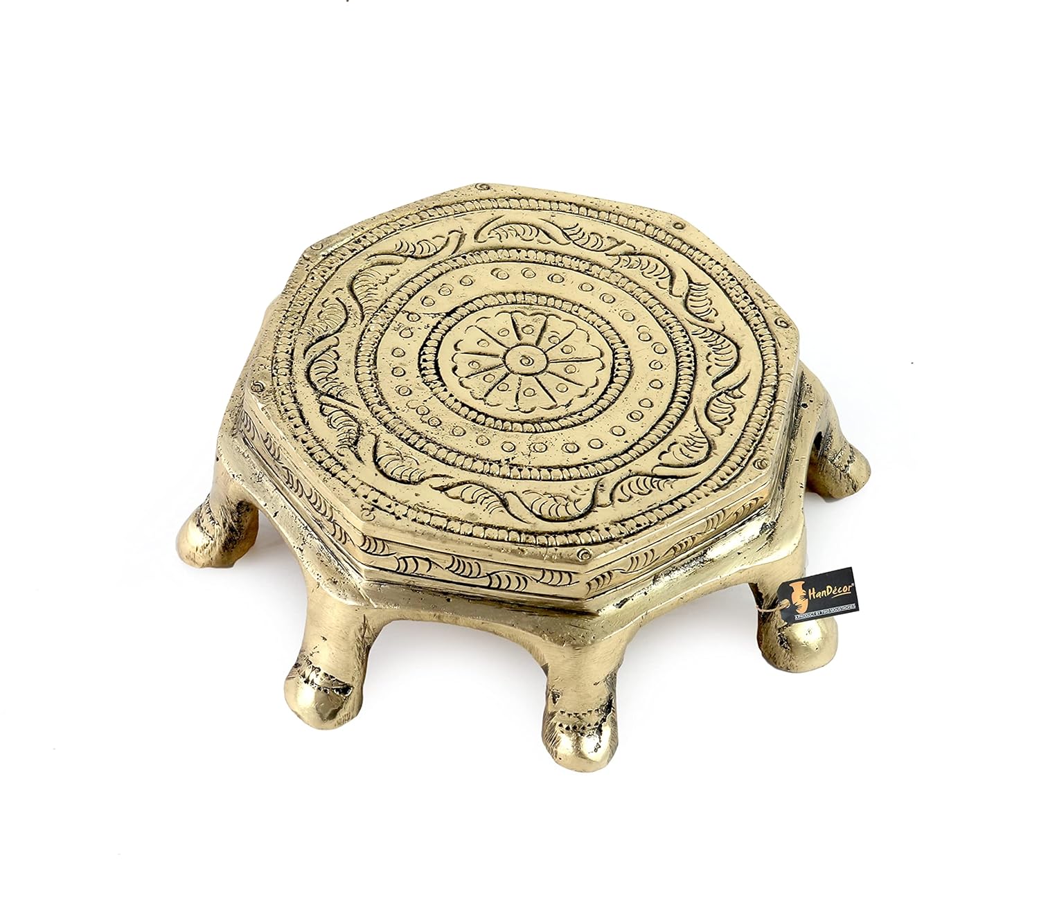 Shri Vankal Maa Art - Ethnic Design Round Chowki Over 8 Legs, Material - Brass, Antique White
