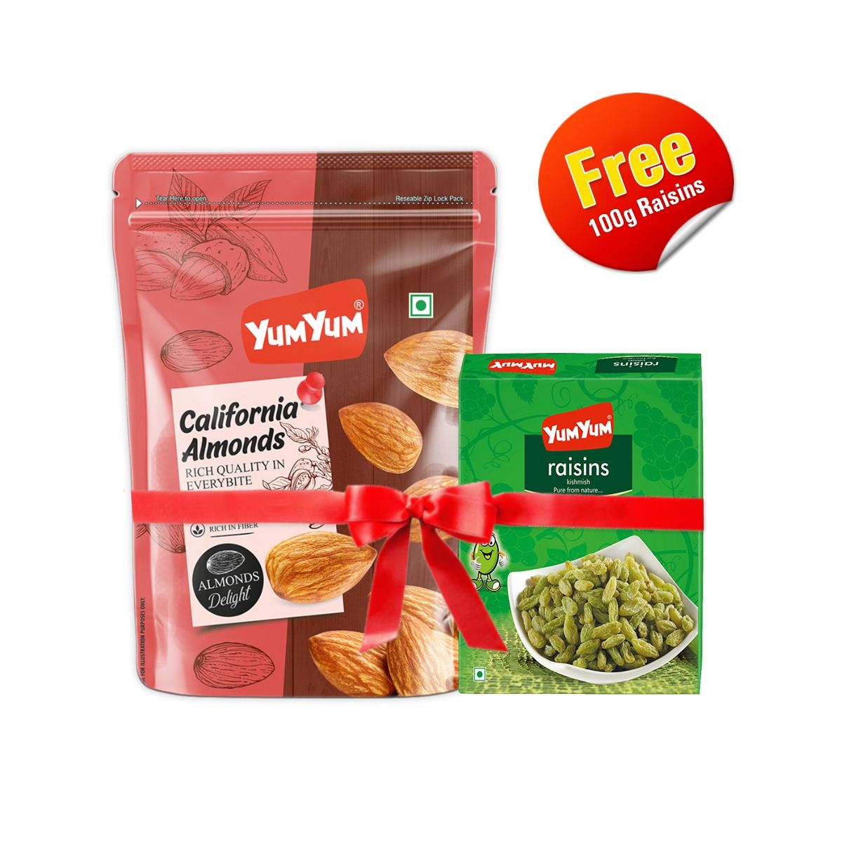 YUM YUM California Almonds 500gm + Free Raisin 100g Box