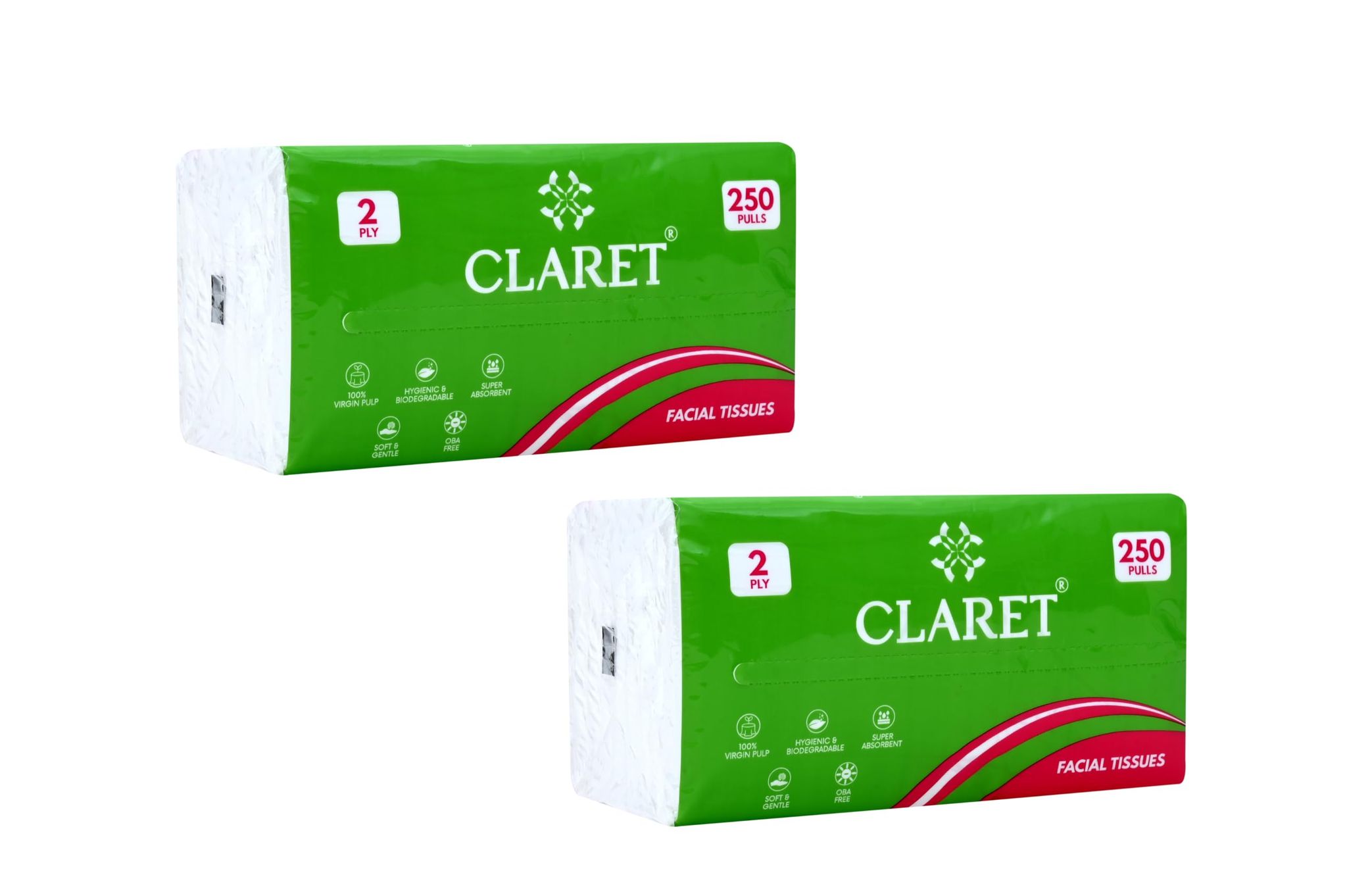 CLARET Polypack Facial Tissues - 2 Ply, 250 Pulls (500 Sheets), 18x20 cm, Super Soft, Multipurpose Dry Tissue for Personal Care, Office, Car - Pack of 2