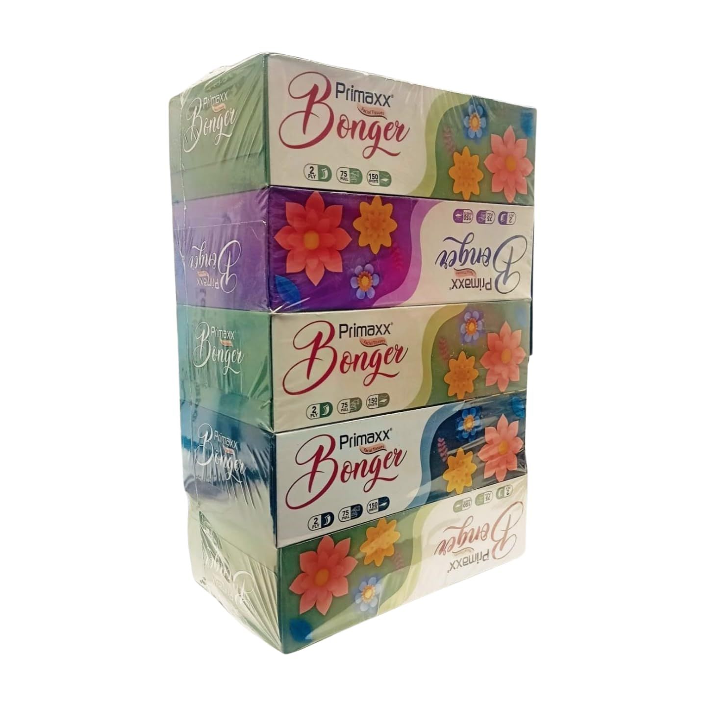 Primaxx 100% Virgin Pulp Ultra Soft White Facial Tissue Box - 75 Pulls, 2-Ply, Bonger New Box, Pack of 5, Soft, Hygienic, Daily Use Tissues