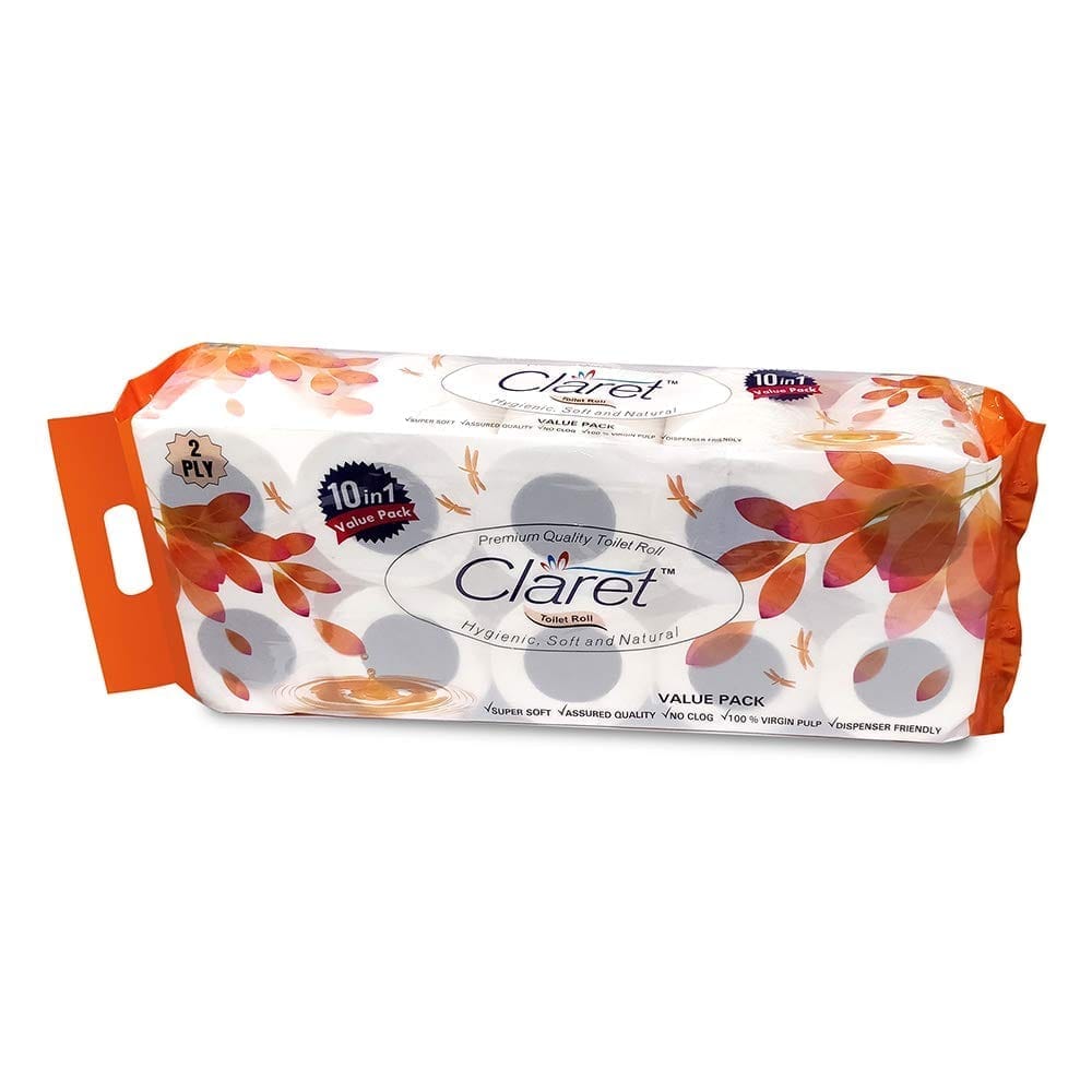 Claret 100% Virgin Pulp 2-Ply Toilet Rolls, Pack of 1 (10 Rolls) - OBA Free, Skin-Friendly, Ultra Comfort Quilted Bathroom Paper for Family Care