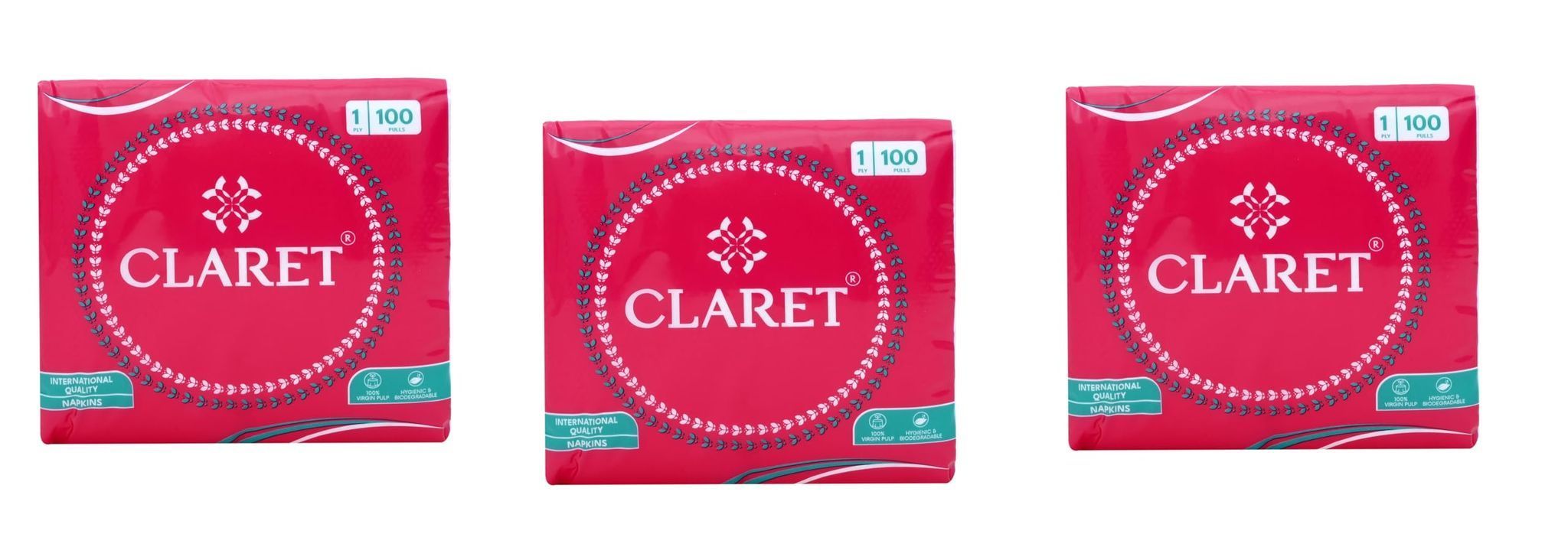 Claret Soft Napkins - 27x30 cm, 100 Sheets, 1-Ply, Highly Absorbent, Super Soft, Perfect for Home, Restaurants, Office & Daily Use, Pack of 3