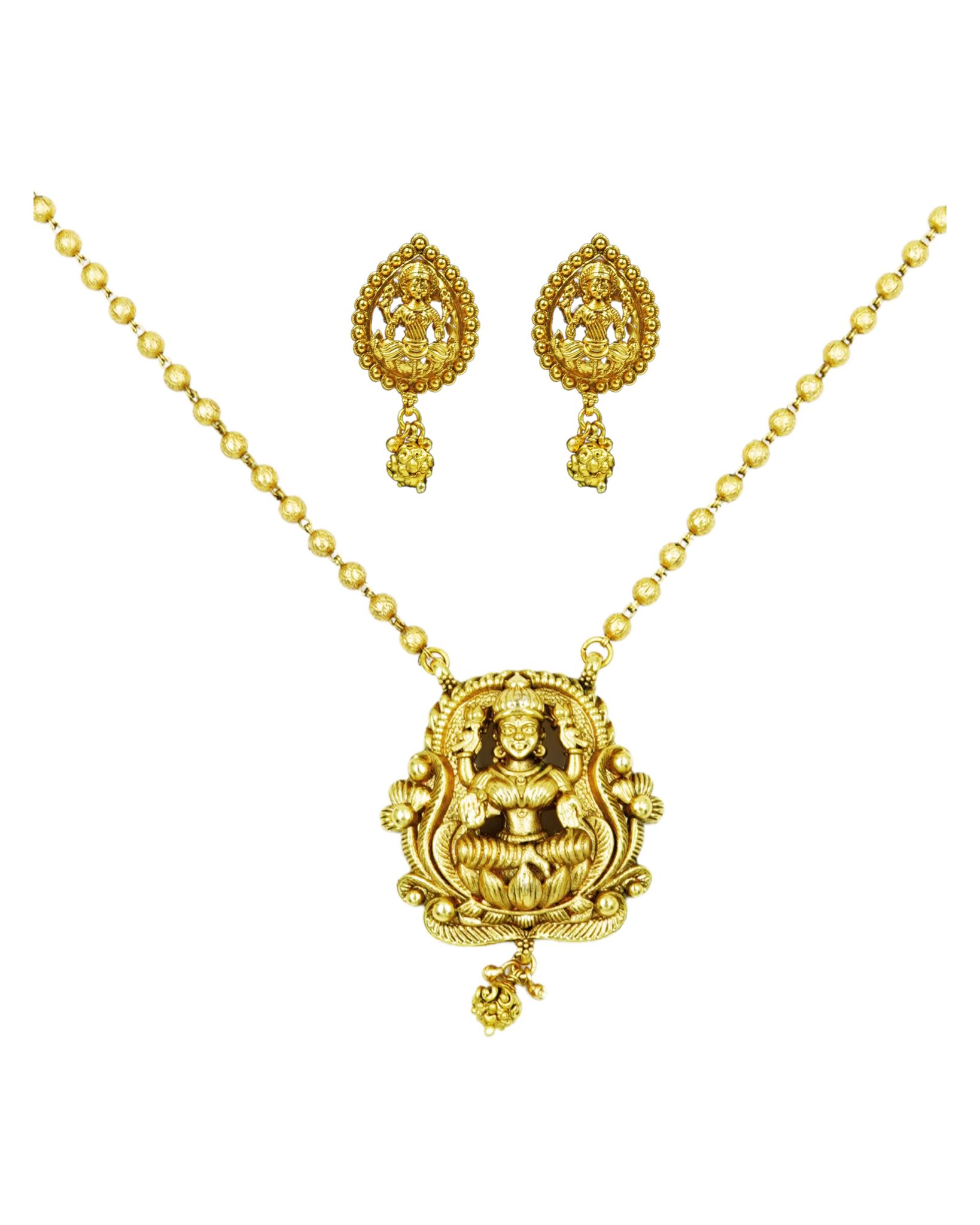 Gold-plated Goddess Laxmi Pendant Set with Earrings