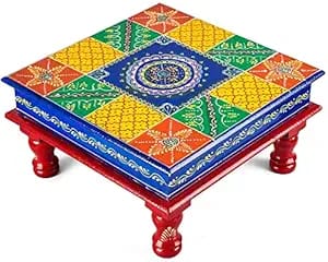 Kavita Art Wood Chowki | Hand Painted Pooja Bajot Stool | Home Decor Sitting Table (Multicolor_18 x 18 x 6 Inches)