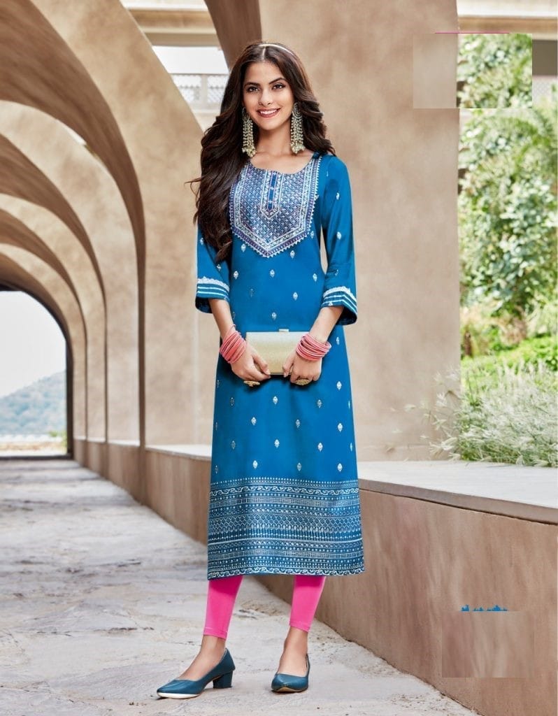 Pure Rayon Gold Print & Heavy Embroidery Straight Fit Kurti 5006