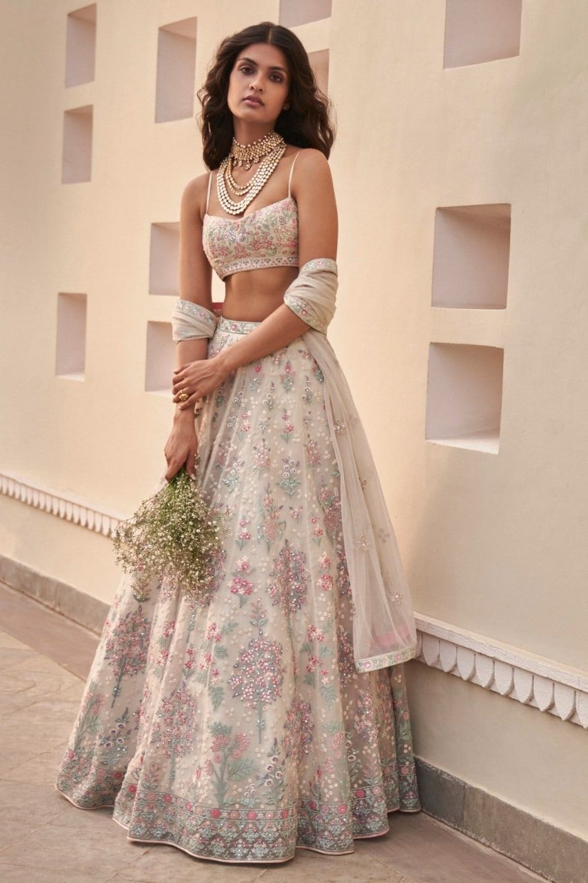 Floral Print Cream Heavy Embroidery Wedding Lehenga 29