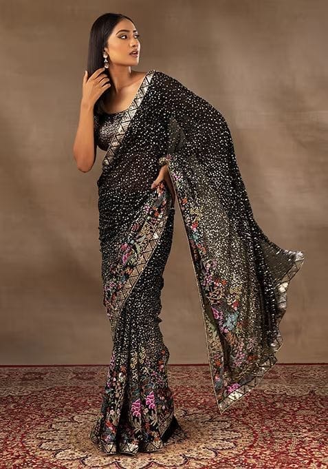 Party Wear Black Heavy Sequins Work Saree 18011