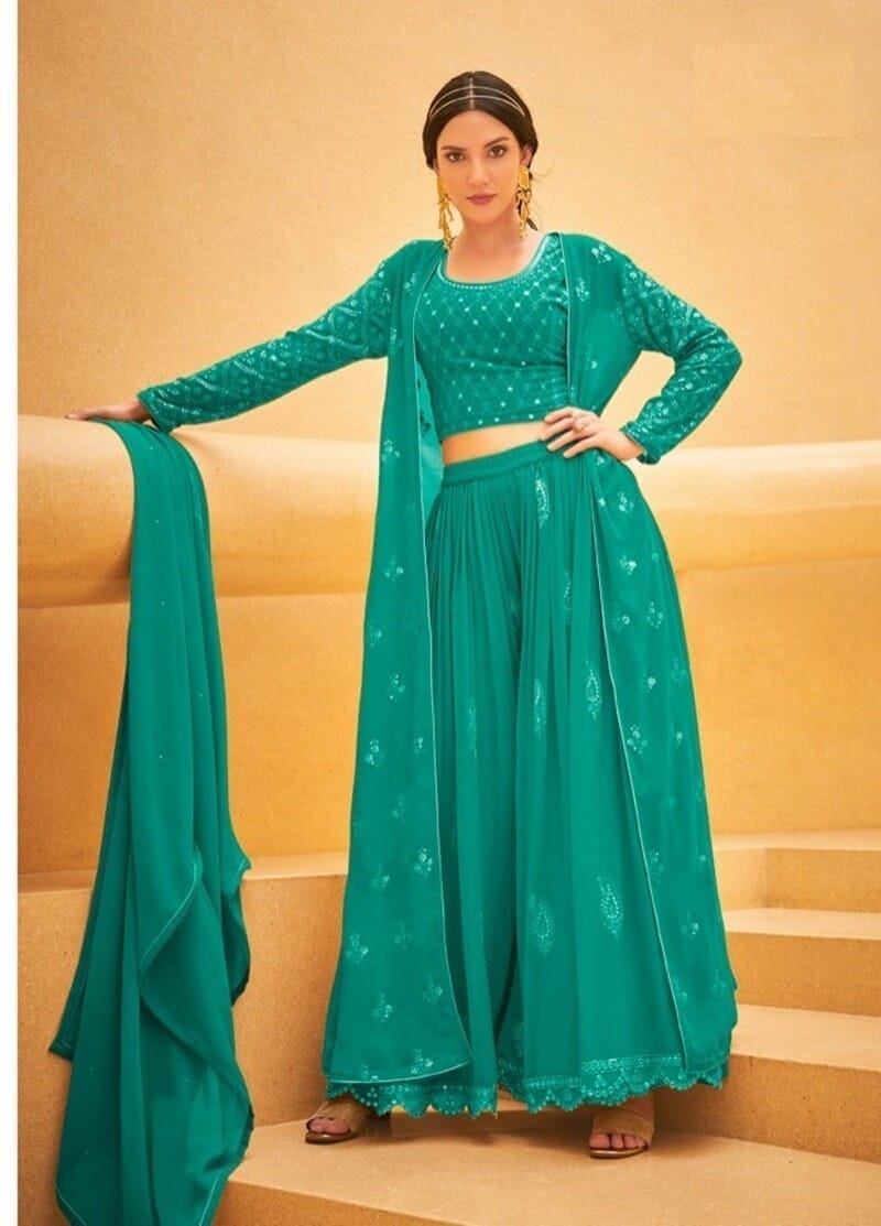 Wedding Collection Indowestern Pure Georgette Crop Top, Palazzo & Shrug Set 5113