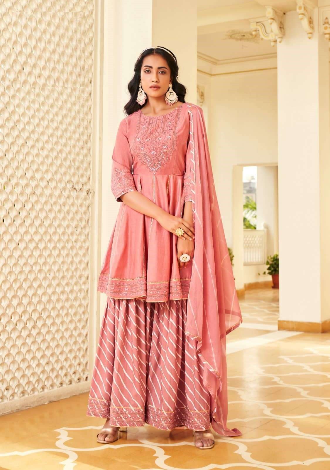 Light Pink Heavy Silk Full Stitched Peplum Top Sharara Set With Dupatta 2203