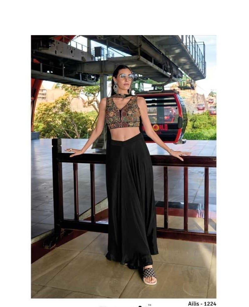 Black Chinon Silk Crop Top, Palazzo & Dupatta Set 1224