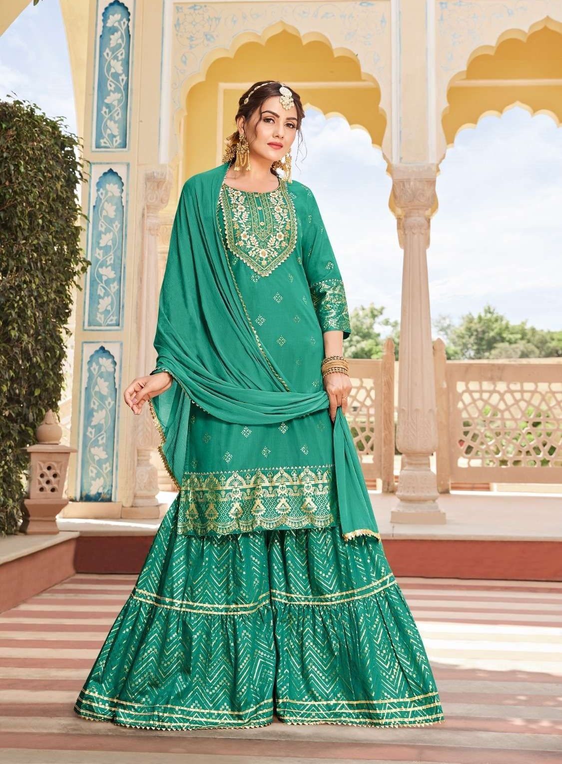 Sea Green Soft Silk Full Stitch Gharara Set 2007