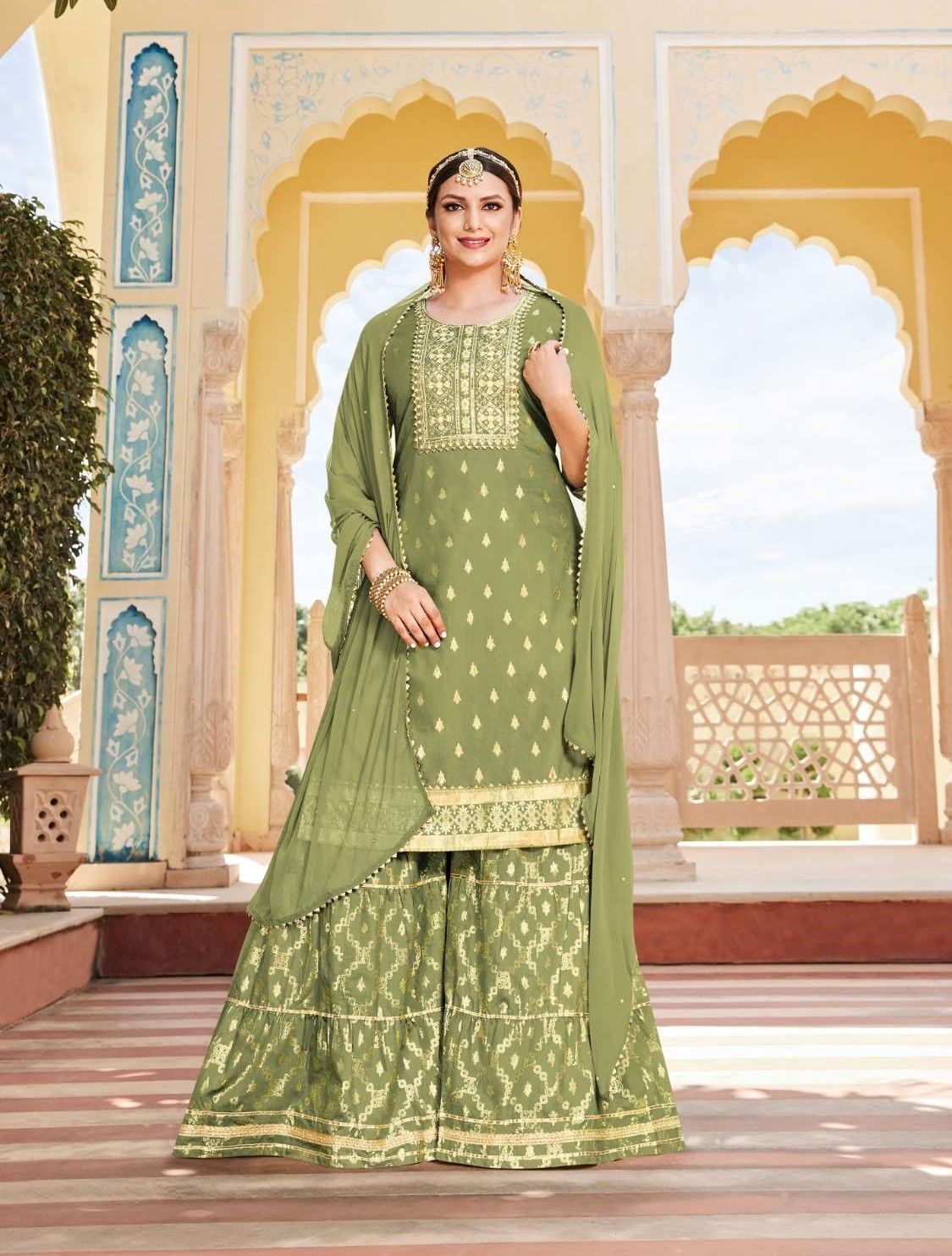Parrot Green Soft Silk Full Stitch Gharara Set 2002