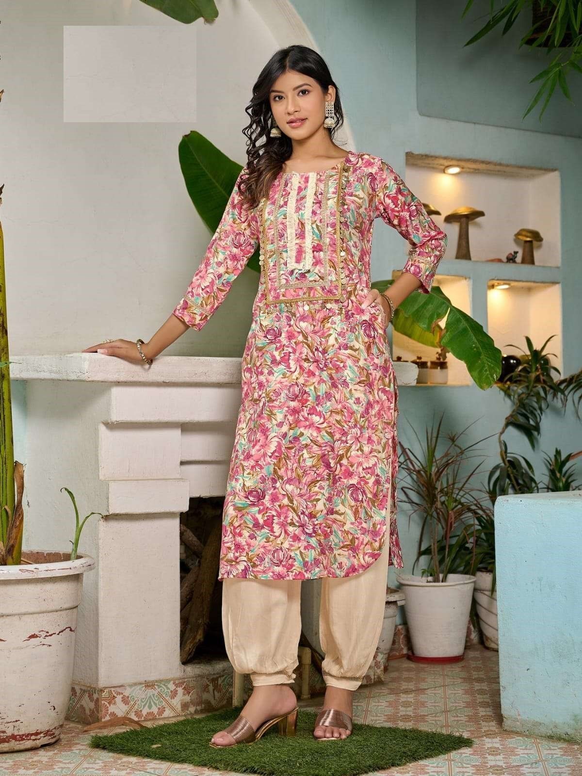Pink Floral Print Modal Chanderi Foil Work Afghani Sets 3005