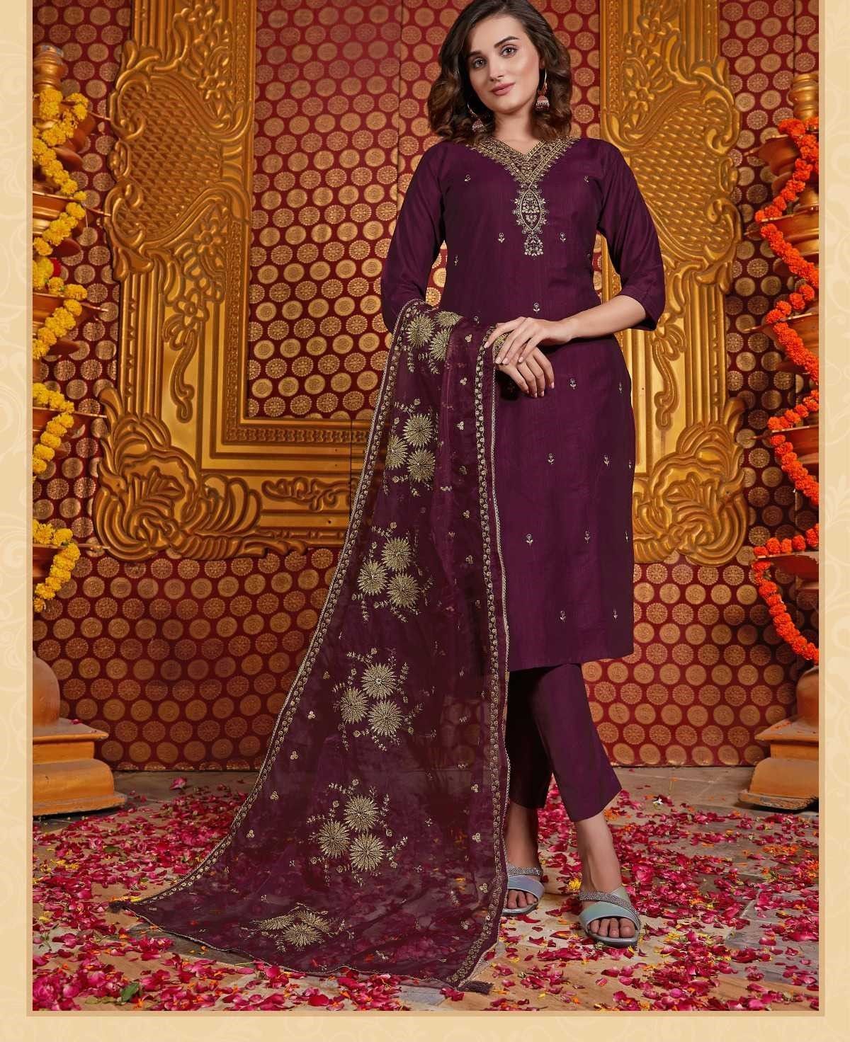 Wine Silk Heavy V Neck Embroidery Organza Dupatta Full Stitch Suits 1002