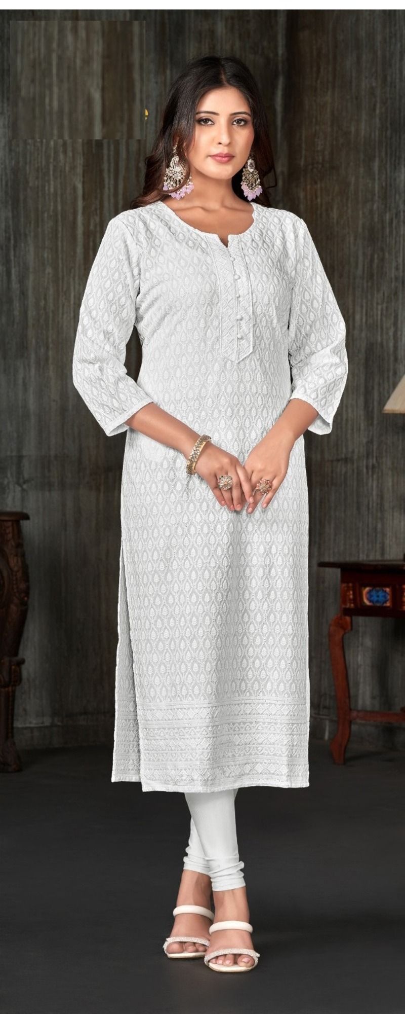  White Chikankari Embroidered Straight Kurta with Round Neck and 3/4th Sleeves
