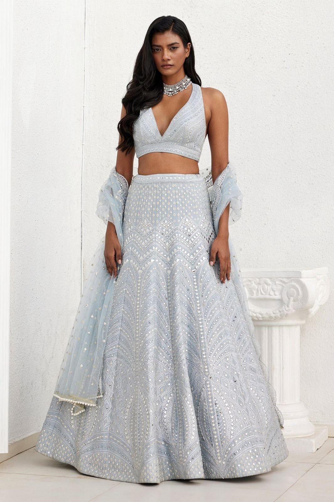 Steel Grey Heavy Banglori Silk Mirror Work Wedding Lehenga V3-357