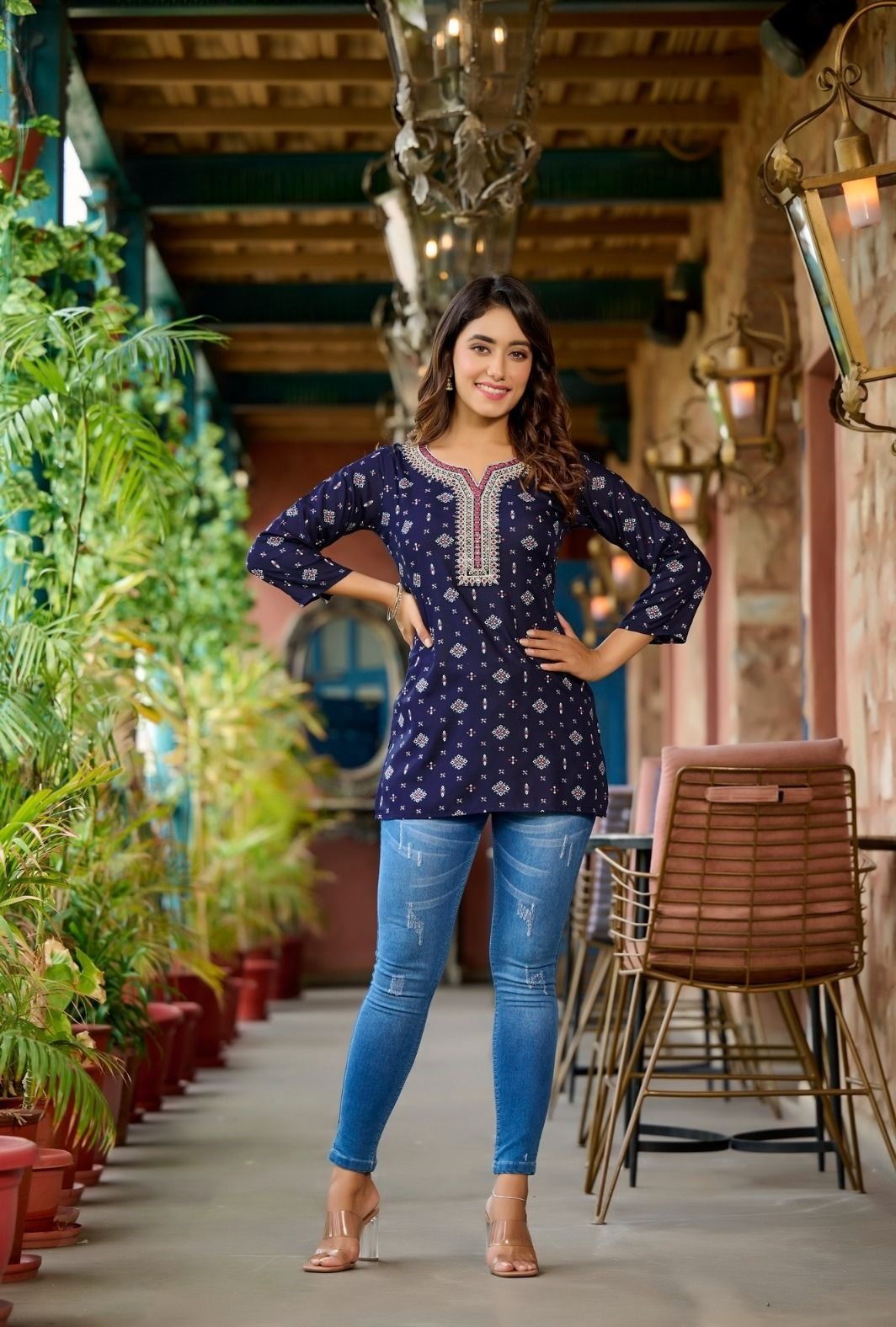  Women's Blue Embroidered Kurta with Jeans
