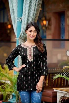 Black Rayon Cotton Mirror Work Short Kurti 108 Black Rayon Cotton Mirror Work Short Kurti 108