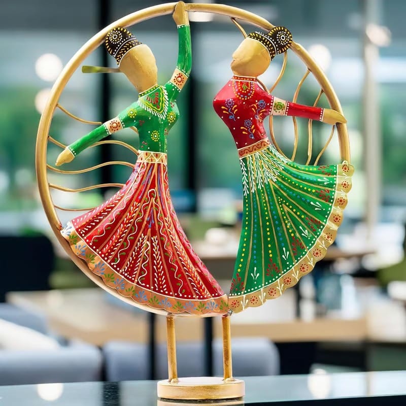 MOHD YASIN -  Vibrant Rajasthani Graceful Dancers Tabletop Showpiece - Iron Hand-Painted Home Decor - Ideal for Wedding, Anniversary & Housewarming Gifts (Circle Dancers)