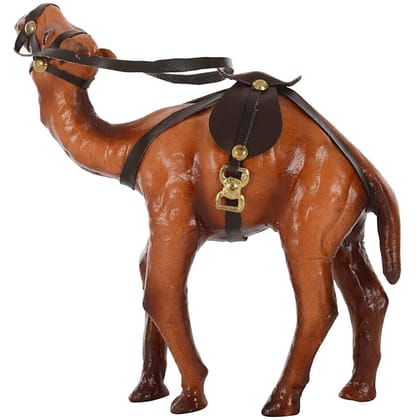 Shree Jagdamba Art Wooden Camel showpiece Rajasthani Wooden Leather & Suede Standing Figurine (Brown) Set of 1