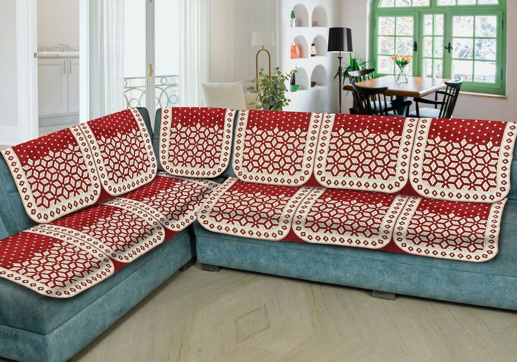 Premium L Shape 6 Seater Velvet Chenille Sofa Cover Set, 12 Pieces Printed Sofa Back Covers, Slip Cover 3, 2, 1 Seater Sofa Cover, Mehroon (Pack of 6)