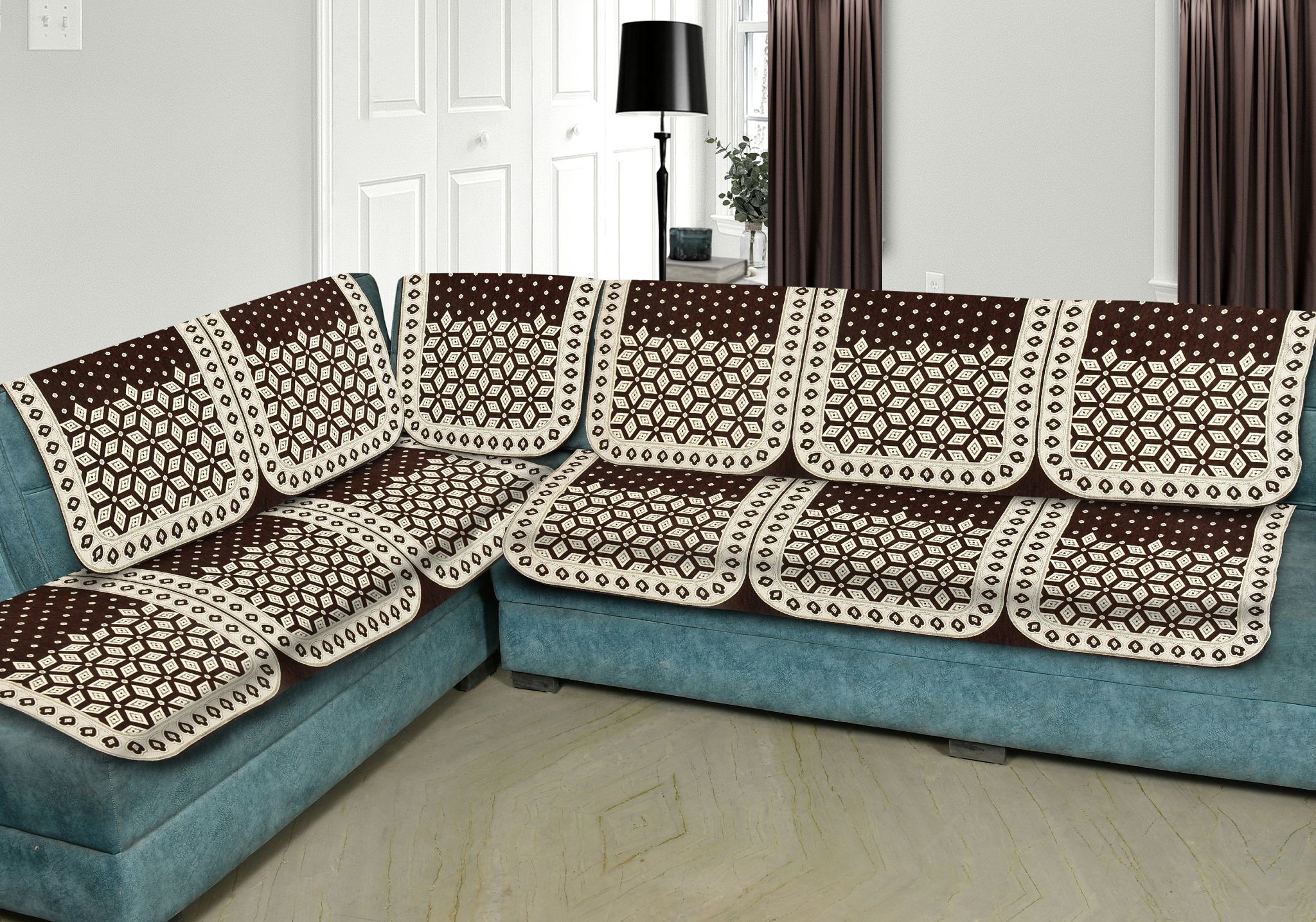 Premium L Shape 6 Seater Velvet Chenille Sofa Cover Set, 12 Pieces Printed Sofa Back Covers, Slip Cover 3, 2, 1 Seater Sofa Cover, Coffee(Pack of 6)