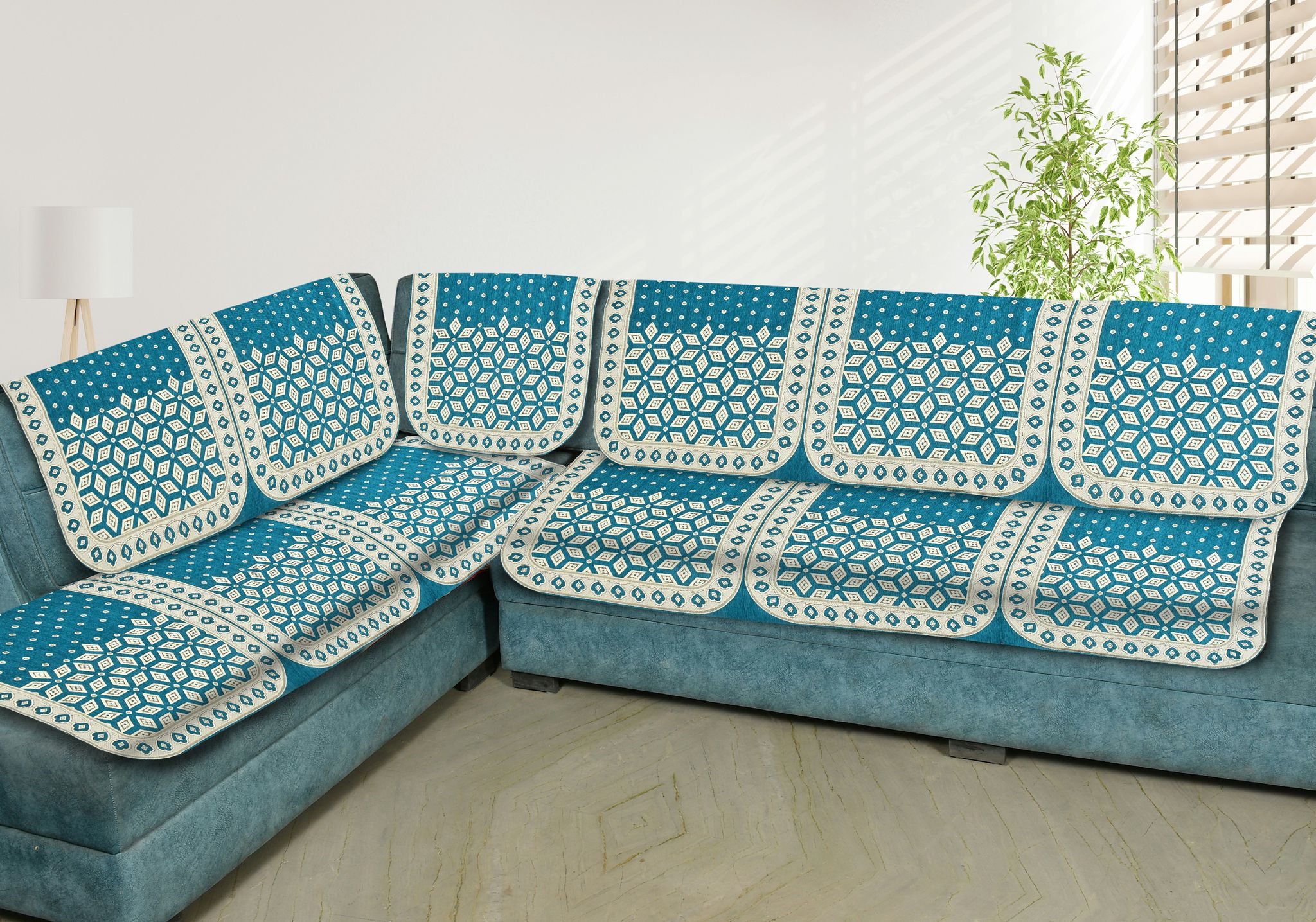 Premium L Shape 6 Seater Velvet Chenille Sofa Cover Set, 12 Pieces Printed Sofa Back Covers, Slip Cover 3, 2, 1 Seater Sofa Cover, Sky Blue(Pack of 6)