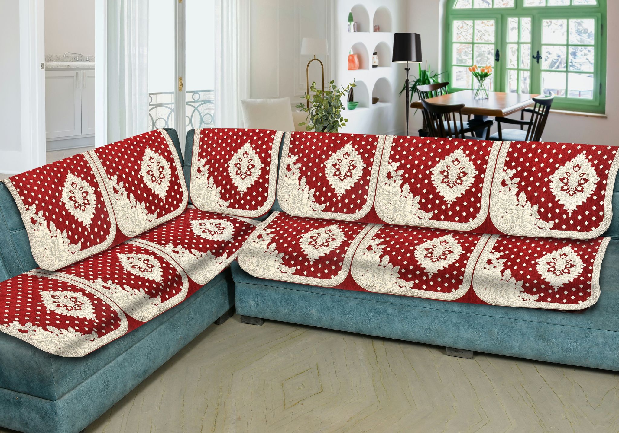 Premium L Shape 6 Seater Velvet Chenille Sofa Cover Set, 12 Pieces Printed Sofa Back Covers, Slip Cover 3, 2, 1 Seater Sofa Cover, Mehroon (Pack of 6)