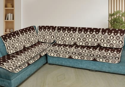Premium L Shape 6 Seater Velvet Chenille Sofa Cover Set, 12 Pieces Printed Sofa Back Covers, Slip Cover 3, 2, 1 Seater Sofa Cover, Coffee(Pack of 6)