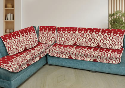 Premium L Shape 6 Seater Velvet Chenille Sofa Cover Set, 12 Pieces Printed Sofa Back Covers, Slip Cover 3, 2, 1 Seater Sofa Cover, Mehroon (Pack of 6)