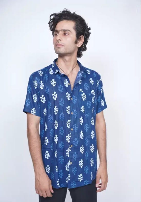 Blue Hand Block Printed Cotton Shirt for Men 1 SET( M,L,XL)