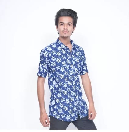 Blue and White Floral Print Short Sleeve Shirt