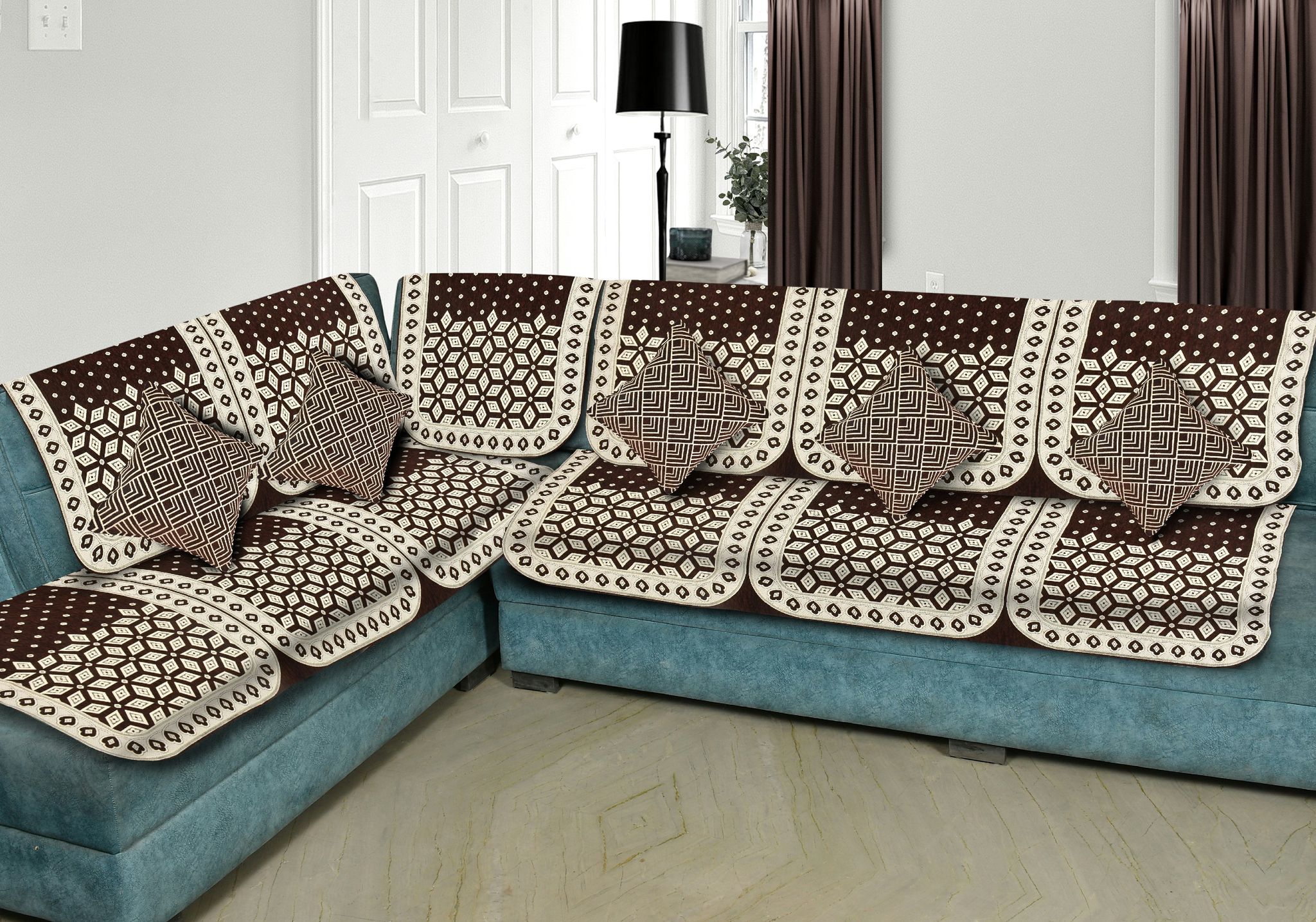 Premium Velvet L Shape Sofa Covers Set with 5 Cushion Covers, 6 Seater Sofa Slip Protector Covers for Living Room Décor,Coffee (Pack of 11)