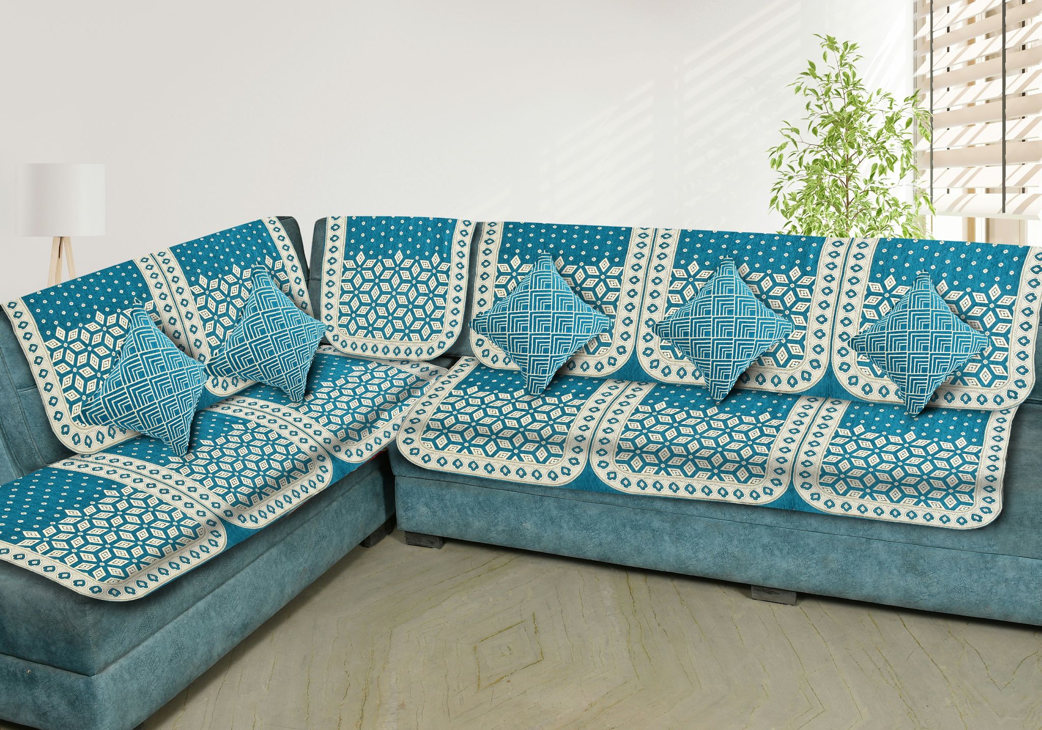 Premium Velvet L Shape Sofa Covers Set with 5 Cushion Covers, 6 Seater Sofa Slip Protector Covers for Living Room Décor,Sky Blue(Pack of 11)