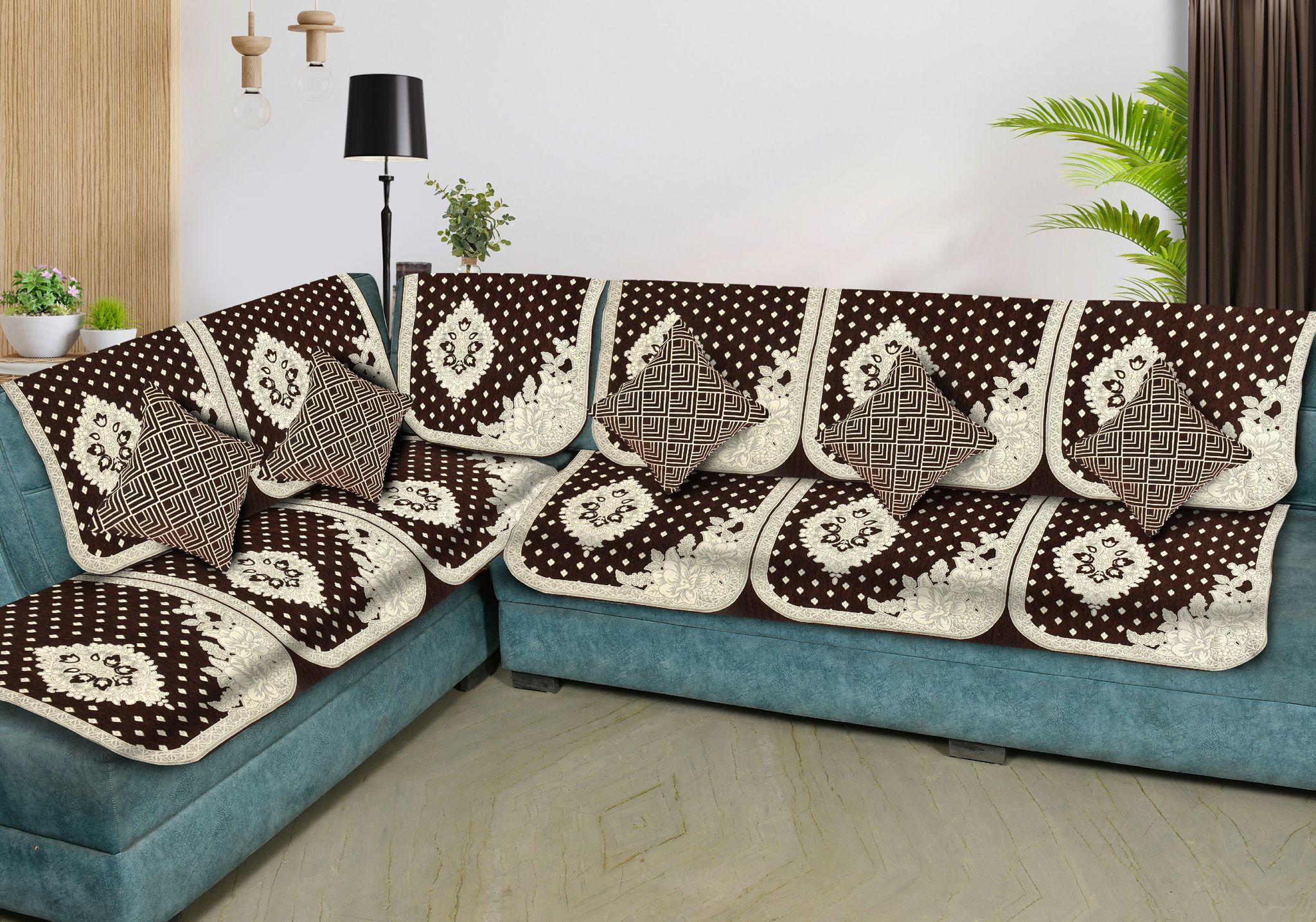 Premium Velvet L Shape Sofa Covers Set with 5 Cushion Covers, 6 Seater Sofa Slip Protector Covers for Living Room Décor,Coffee (Pack of 11)