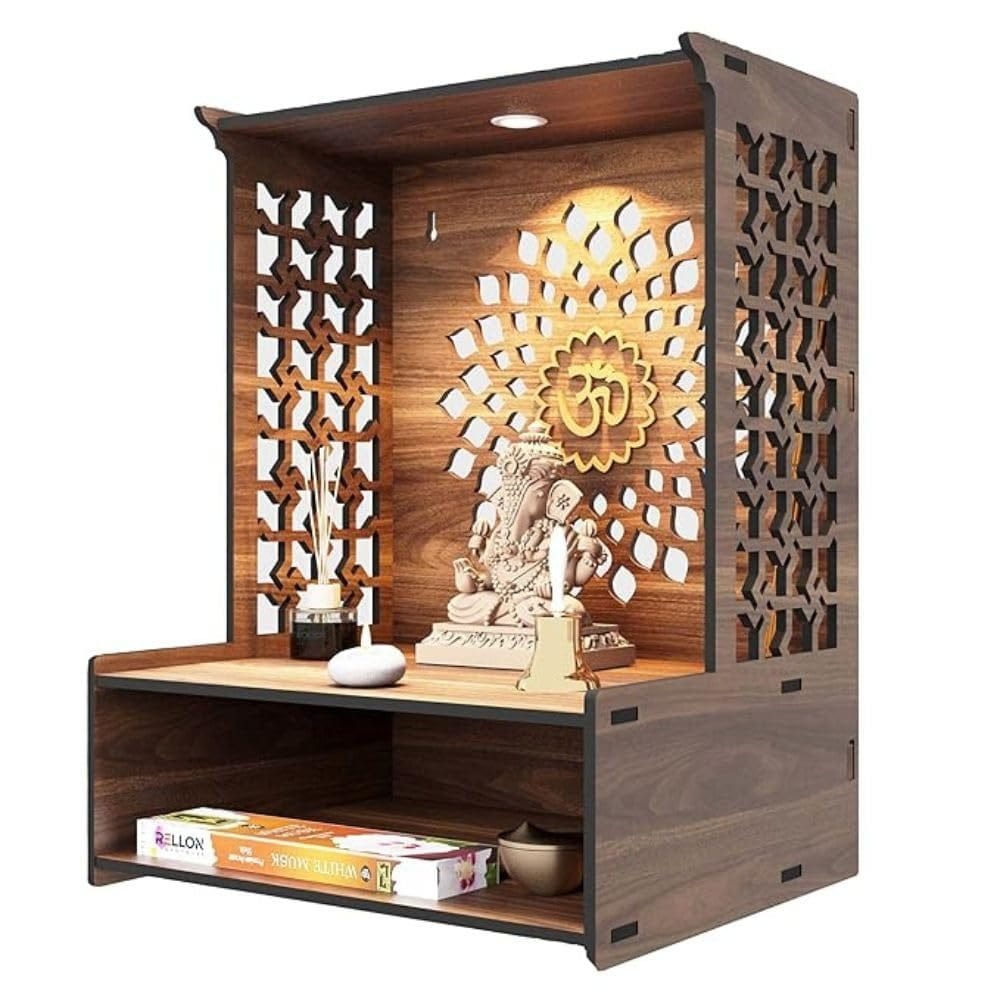 B.T. International Wooden Temple for Home and Office Engineered Wood Pooja Mandir Compact Wall-Mounted Mandir for Living Room Spiritual Home Decor