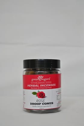 Green Fingers; Rose DHOOP Cones. Bamboo Free. Herbal Incense. Natural Aroma. Cow Dung, Kapur, & Other Natural Ingredients. Can be Used Daily for Pooja, Home Fragrance. Has a Stand. 1 Month Pack, Approx.