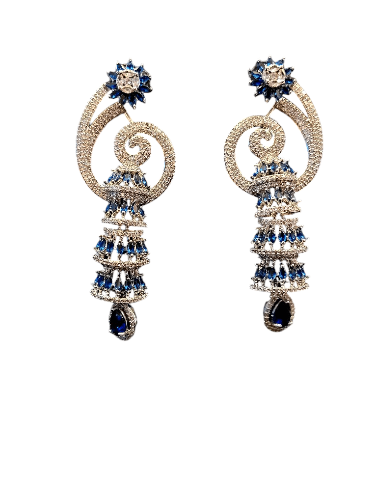 American Diamond Long Chandbali Earrings with Blue Stone
